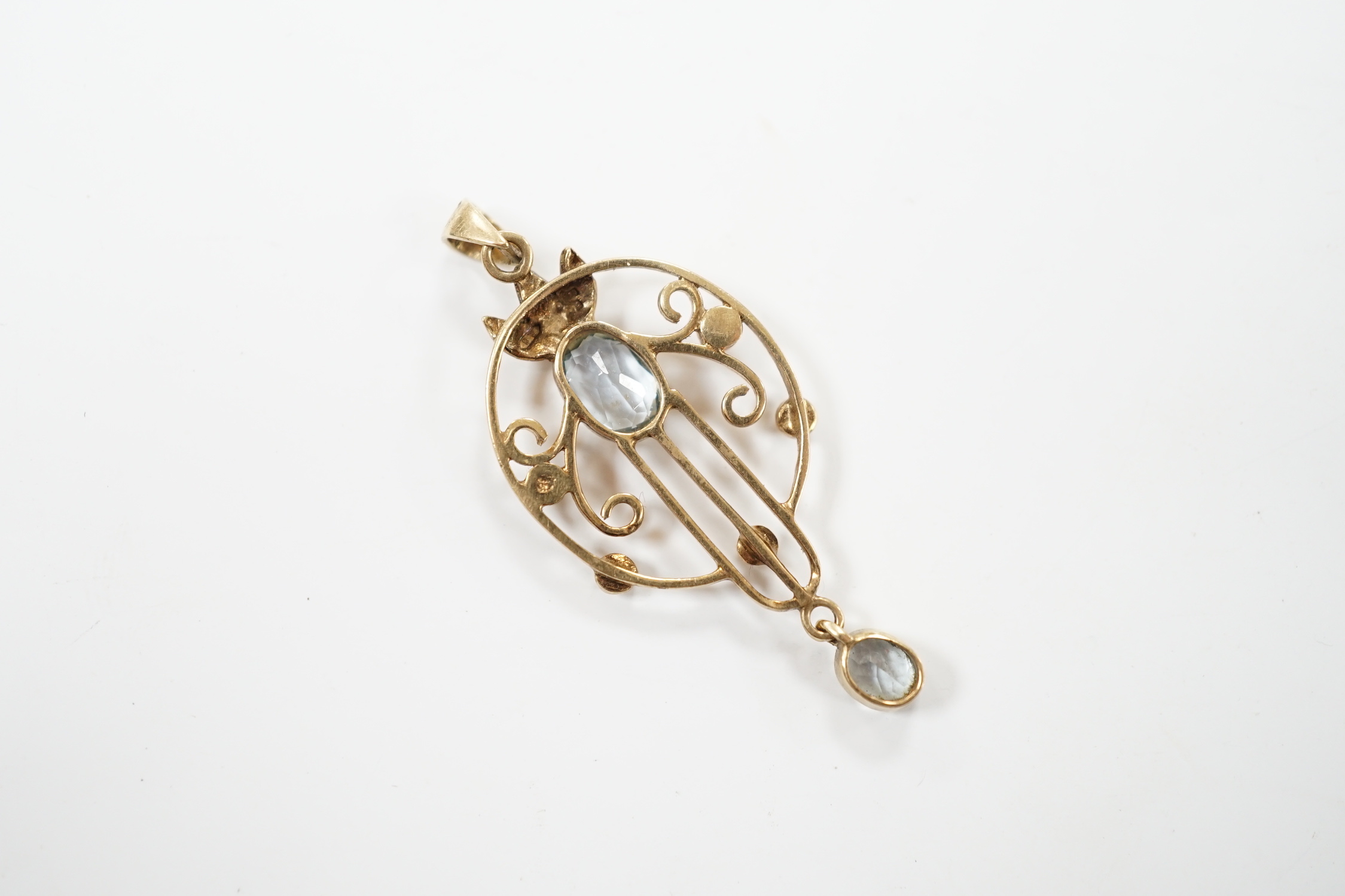 A 1960's Edwardian style 9ct gold and gem set drop pendant, 40mm, gross weight 2.5 grams.